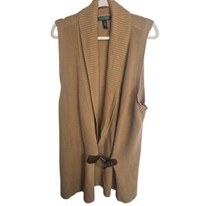 Lauren Ralph Lauren Womens Cardigan Sweater Vest 1X Preppy Old Money Heavy Tan